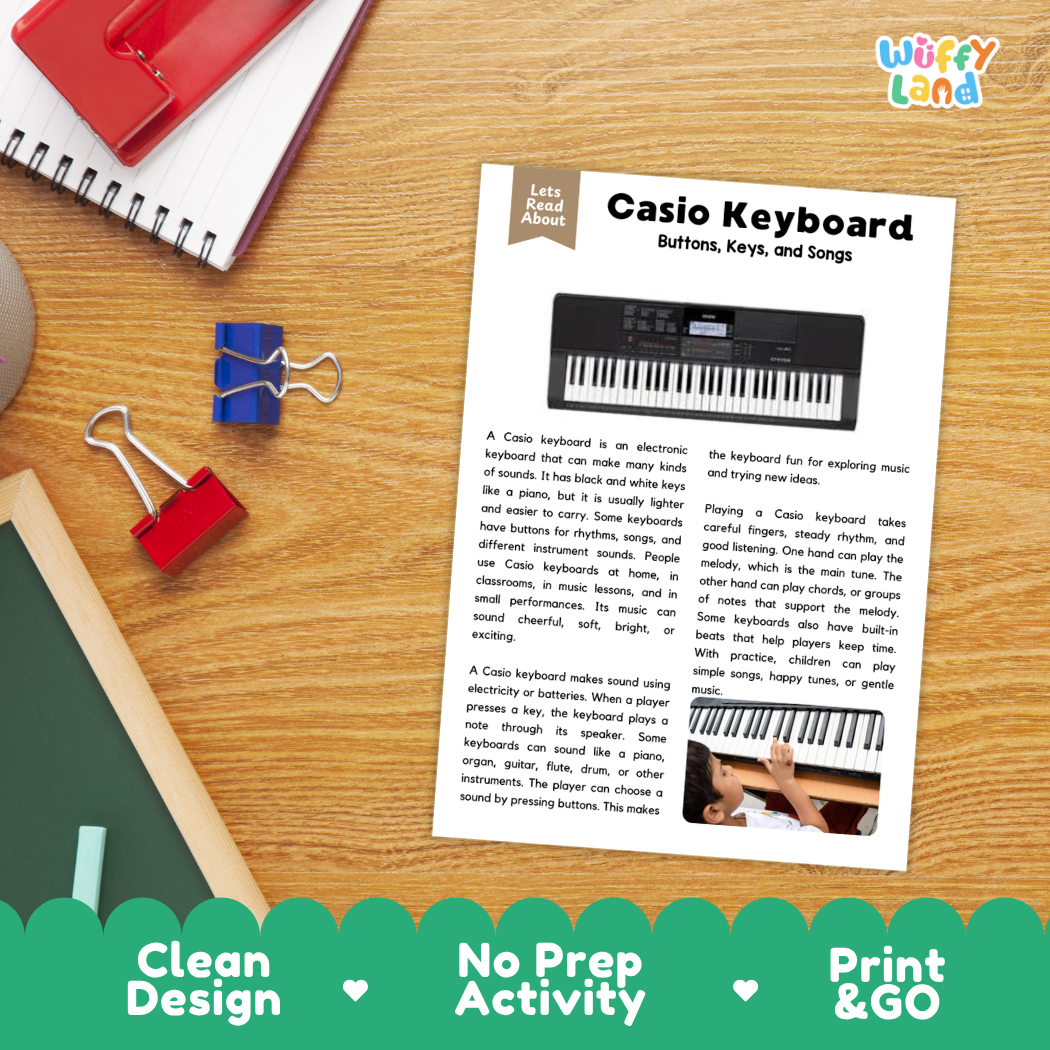 Student reading comprehension worksheet with short-answer questions and lined sections about the Casio keyboard instrument