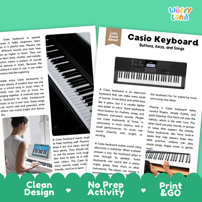 Teacher answer key page showing complete question solutions for Casio Keyboard music education reading comprehension practice