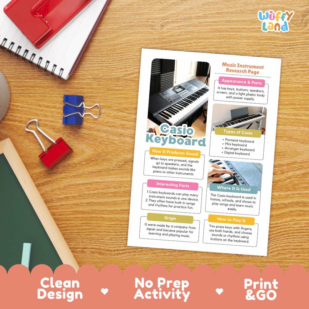 Casio Keyboard Music Research Page Worksheets and Information Poster