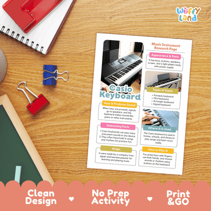 Casio Keyboard Music Research Page Worksheets and Information Poster