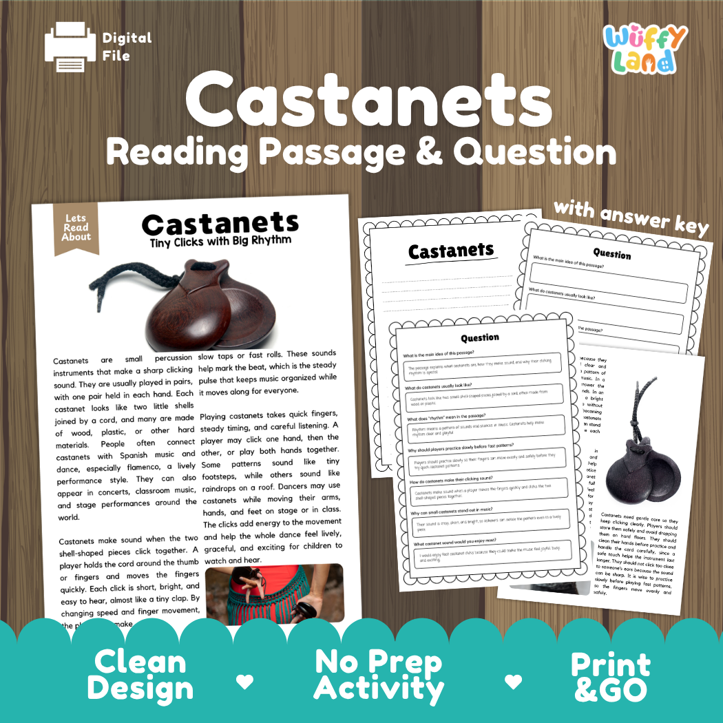 Castanets reading comprehension passage and questions printable activity pack with answer key for elementary students