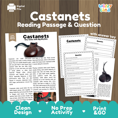 Castanets reading comprehension passage and questions printable activity pack with answer key for elementary students