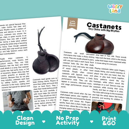 Teacher answer key page showing complete question solutions for Castanets music education reading comprehension practice