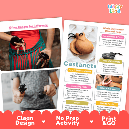 Castanets Music Research Page Worksheets and Fact Sheet