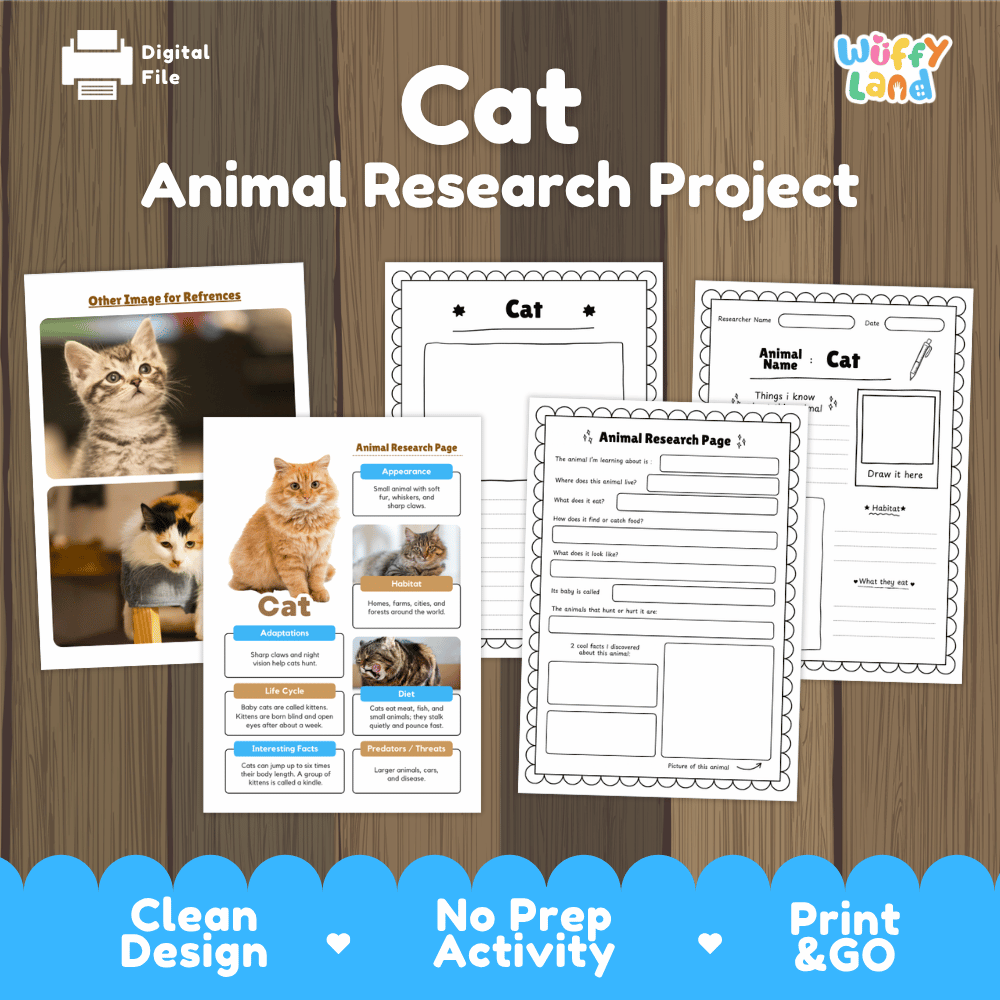 Digital file preview for a 'Cat Animal Research Project' activity sheet set by Wiffy Land, displayed on a wood background with blue banner accents at the bottom.