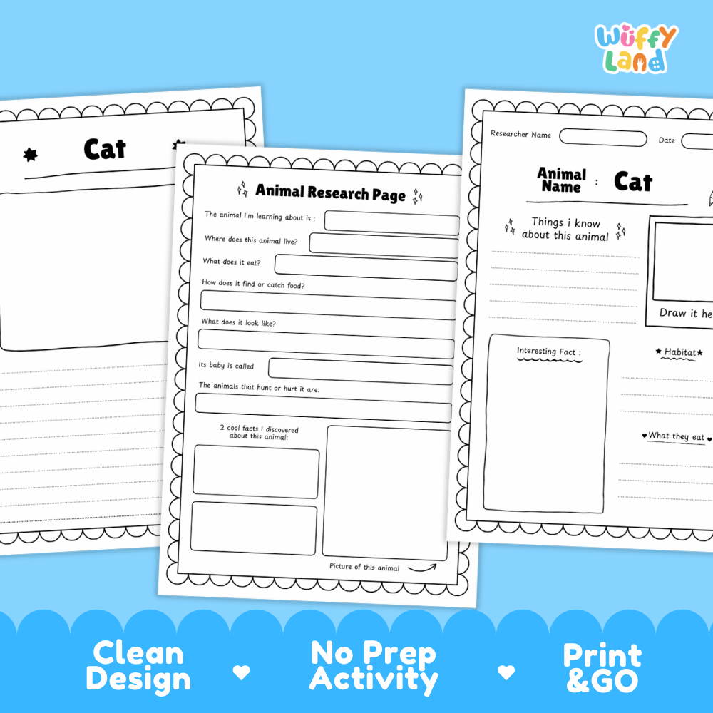 Three printable animal research activity sheets for cats are displayed on a bright blue background. The sheets are white with black text and border designs, featuring sections for animal name, researcher name, questions, and a drawing area.