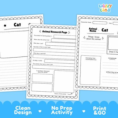 Three printable animal research activity sheets for cats are displayed on a bright blue background. The sheets are white with black text and border designs, featuring sections for animal name, researcher name, questions, and a drawing area.