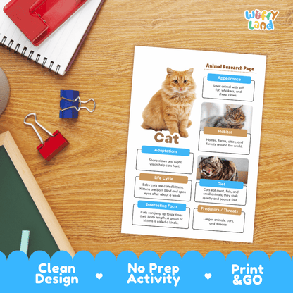 An educational animal research page about a cat, printed on a white sheet and placed on a wooden desk with school supplies. The page includes a photo of an orange tabby cat, text sections, and colorful labeled boxes.