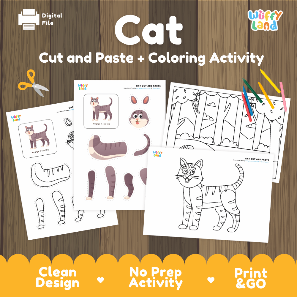 Cat Cut and Paste Craft and Coloring Pages Activity Worksheets