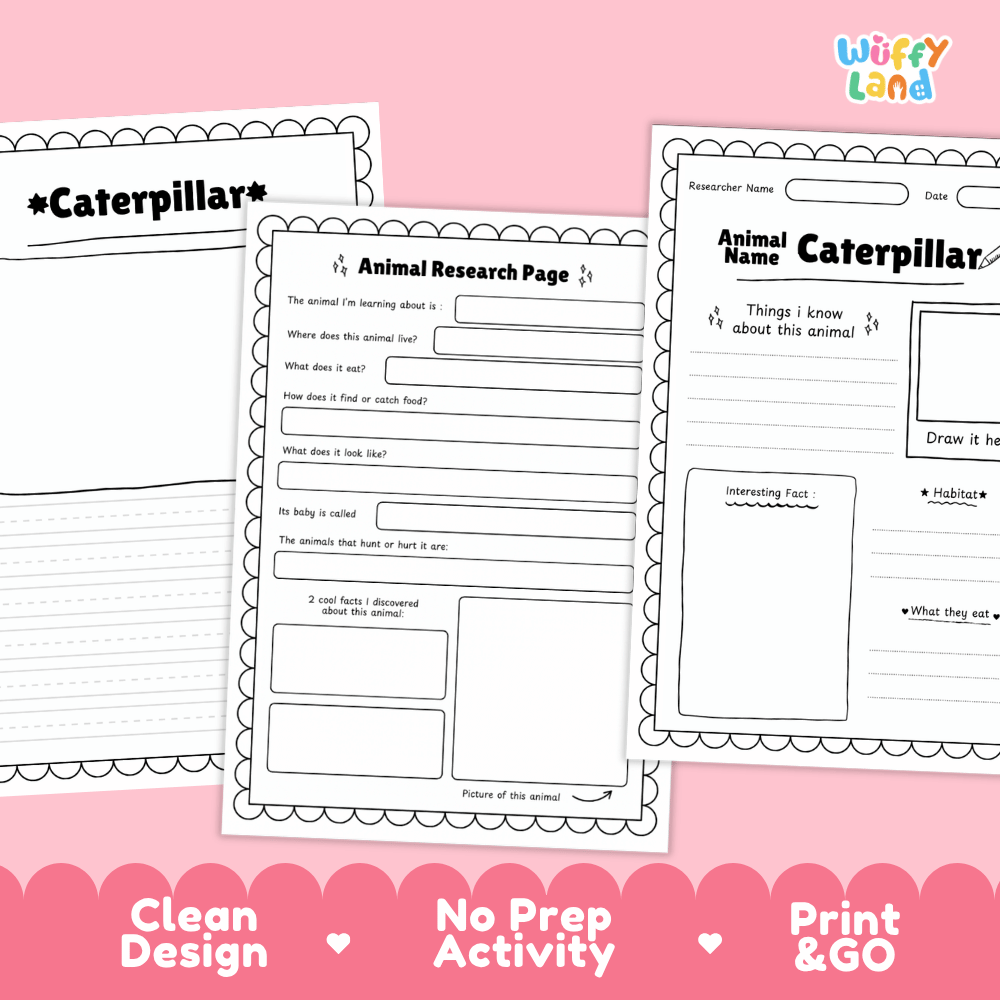 Caterpillar Animal Research Page Worksheets
