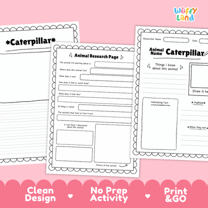 Caterpillar Animal Research Page Worksheets
