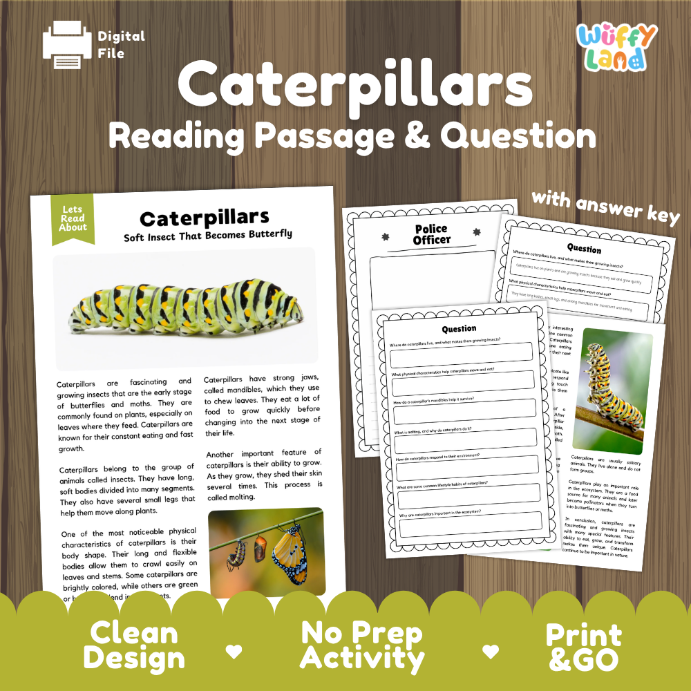 Digital reading activity product for 'Caterpillars' featuring a reading passage, two printable worksheet pages, and a 'Let's Read Again' banner, displayed on a wood-grain background with promotional text at the bottom.