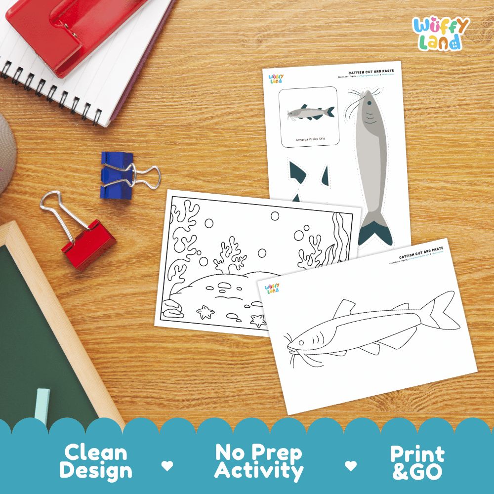 Catfish Cut and Paste Craft and Coloring Activity Worksheets