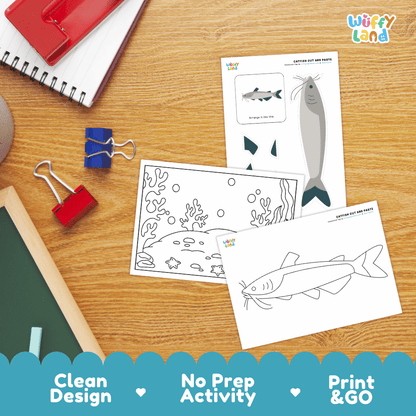 Catfish Cut and Paste Craft and Coloring Activity Worksheets