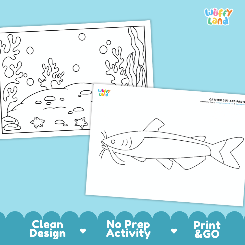 Catfish Cut and Paste Craft and Coloring Activity Worksheets