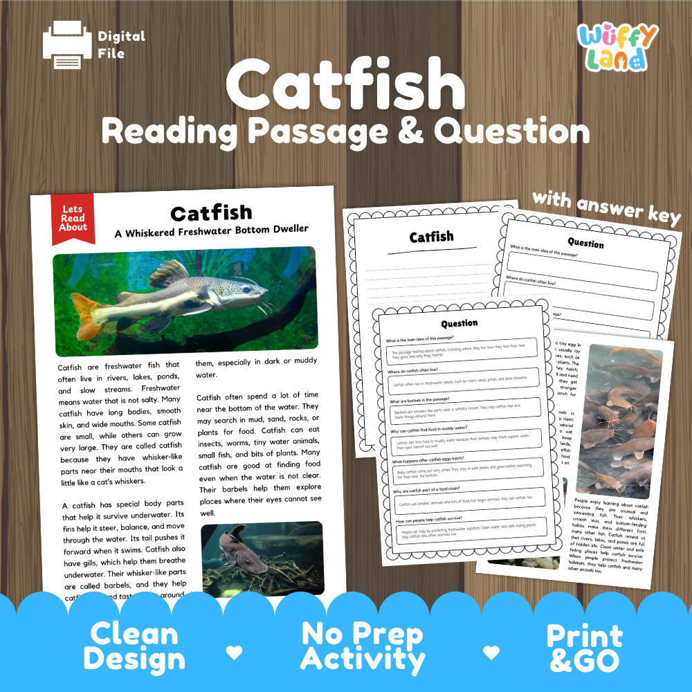 Digital reading activity product for 'Catfish' by Let's Read Animals, featuring a sample passage, worksheet pages, and a branded promotional banner on a wood background.