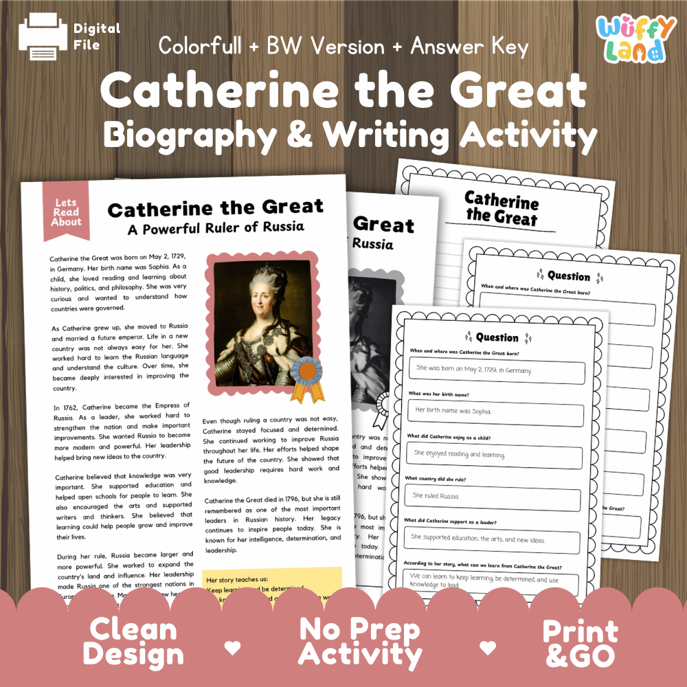 Digital activity sheet cover for 'Catherine the Great Biography & Writing Activity' by Uffy Land, showing a wood-textured background, white title text, a sample reading page, worksheet pages, and a pink 'Clean Design No Prep Activity Print & Go' banner.