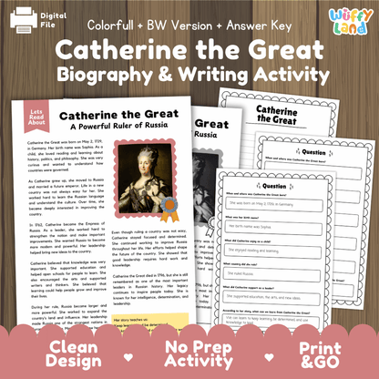 Digital activity sheet cover for 'Catherine the Great Biography & Writing Activity' by Uffy Land, showing a wood-textured background, white title text, a sample reading page, worksheet pages, and a pink 'Clean Design No Prep Activity Print & Go' banner.