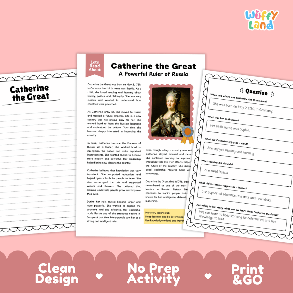 Educational activity sheets for a Catherine the Great themed lesson, displayed on a pink background with decorative scalloped borders and text reading 'Clean Design', 'No Prep Activity', and 'Print & GO'. The sheets include a main text page with a portrait of Catherine the Great, a question sheet, and a side title page.