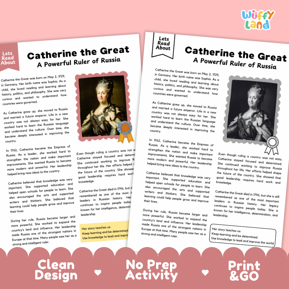 Two educational reading activity sheets titled 'Catherine the Great: A Powerful Ruler of Russia' from the brand Wiffly Land, displayed on a pink background with 'Clean Design', 'No Prep Activity', and 'Print & Go' labels.