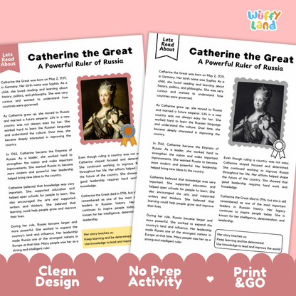 Two educational reading activity sheets titled 'Catherine the Great: A Powerful Ruler of Russia' from the brand Wiffly Land, displayed on a pink background with 'Clean Design', 'No Prep Activity', and 'Print & Go' labels.