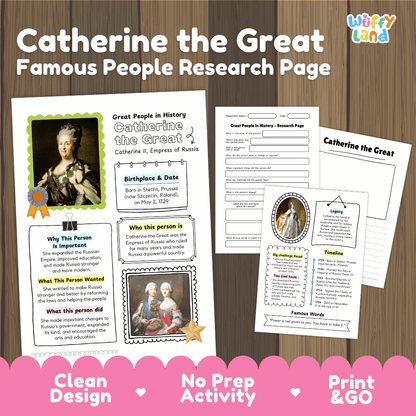 Educational worksheet set titled 'Catherine the Great Famous People Research Page' on a wood background, showing printable pages with portraits, text boxes, and a timeline. A 'wiffly land' logo appears in the top right, and pink banners at the bottom say 'Clean Design', 'No Prep Activity', and 'Print & GO'.