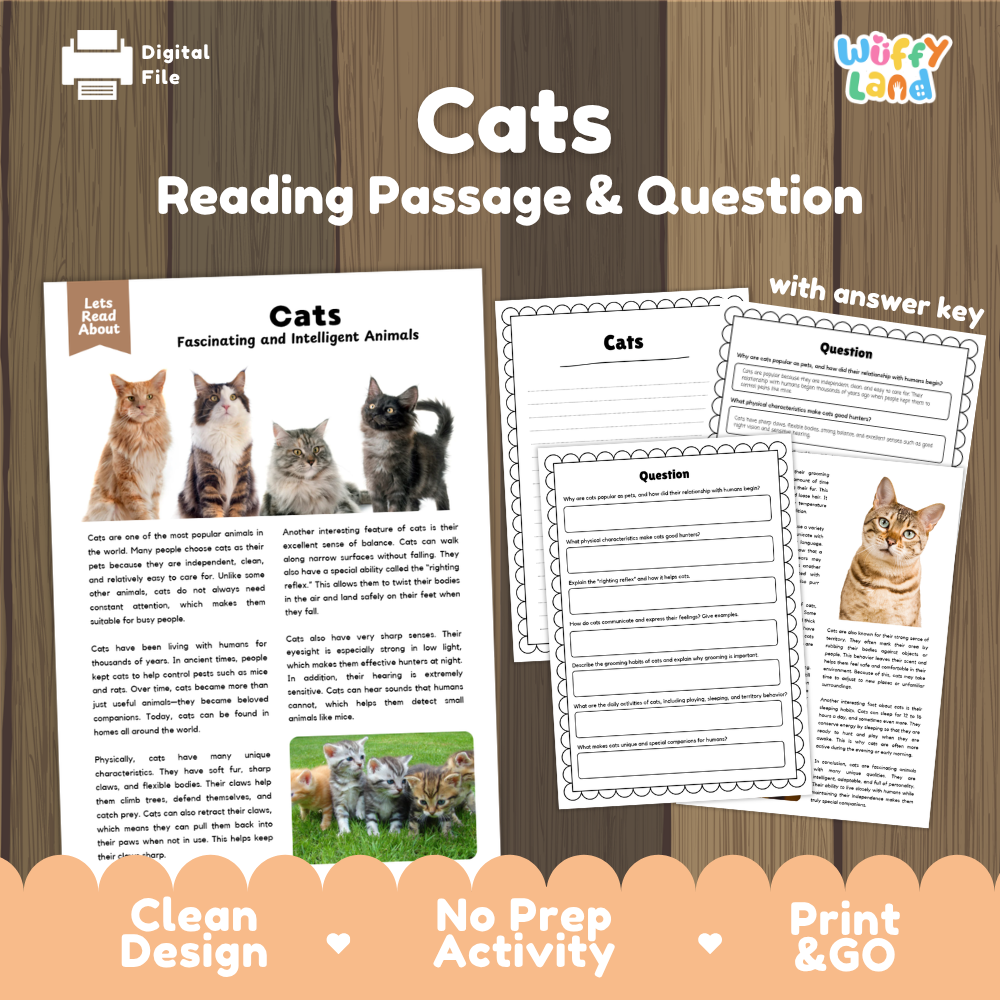 Cats Reading Passage and Comprehension Questions Worksheets