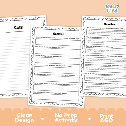 Cats Reading Passage and Comprehension Questions Worksheets