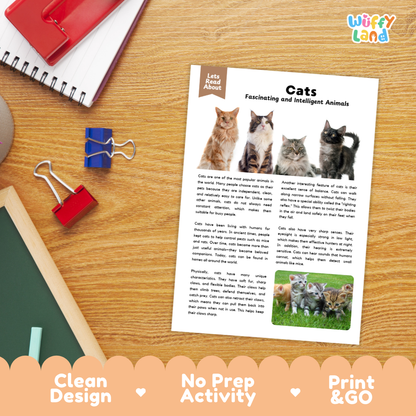 A printed educational activity sheet titled 'Cats Fascinating and Intelligent Animals' lies on a wooden desk, surrounded by school supplies including a spiral notebook, binder clips, and a red folder. The sheet features text, cat photos, and a small cat activity cutout.