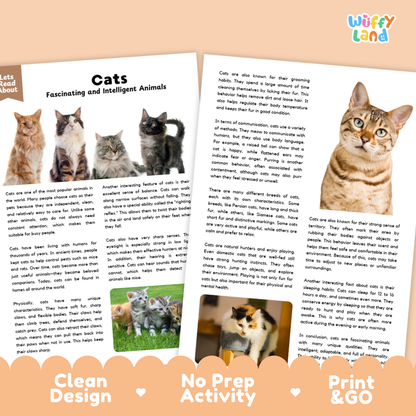 An educational activity booklet titled 'Cats Fascinating and Intelligent Animals' from the brand 'Wuffy Land'. The booklet is shown open on a light beige background decorated with a pink banner at the bottom and a cartoon cat illustration at the top right.