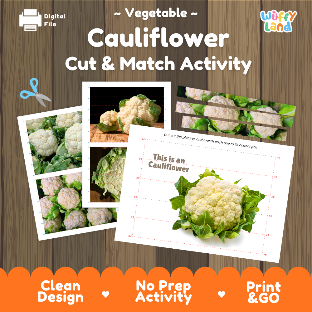Cauliflower cut and match activity cover showing printable fine motor puzzle sheets and vegetable photographs