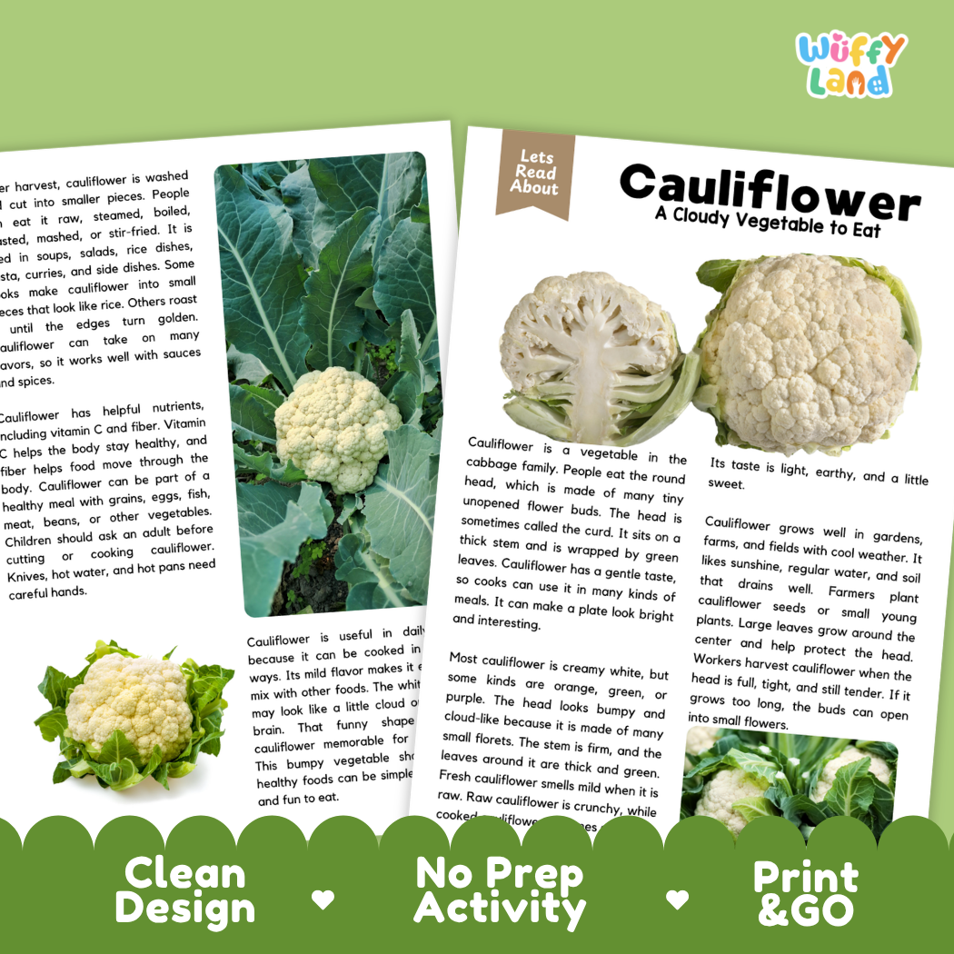 Teacher answer key page showing complete question solutions for cauliflower reading comprehension practice