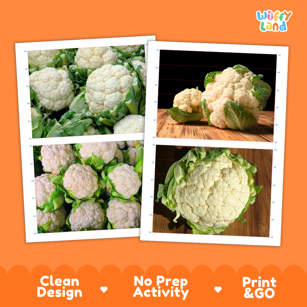 Printable activity sheets featuring photographic cauliflower puzzle boards and cutting guides