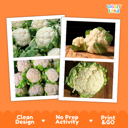 Printable activity sheets featuring photographic cauliflower puzzle boards and cutting guides