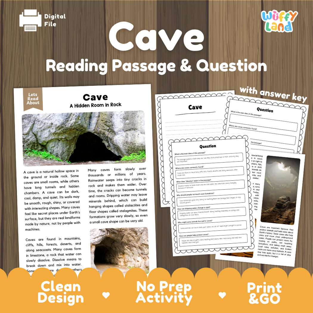 Cave landform reading comprehension passage and questions printable activity pack with answer key for elementary students