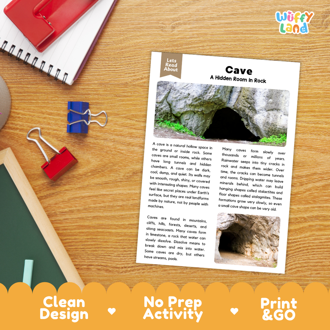 Student reading comprehension worksheet with short-answer questions and handwriting lines about caves