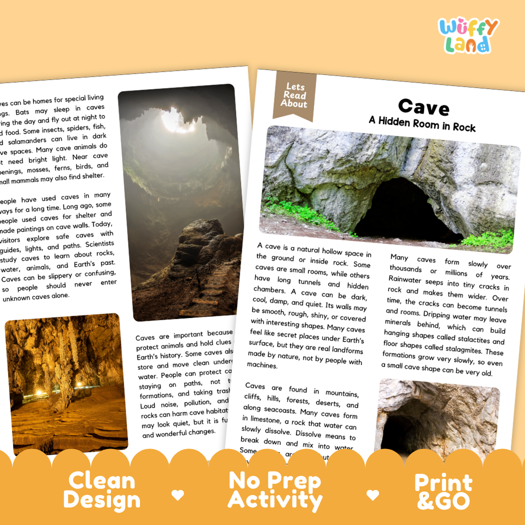 Teacher answer key page showing complete question solutions for cave reading comprehension practice