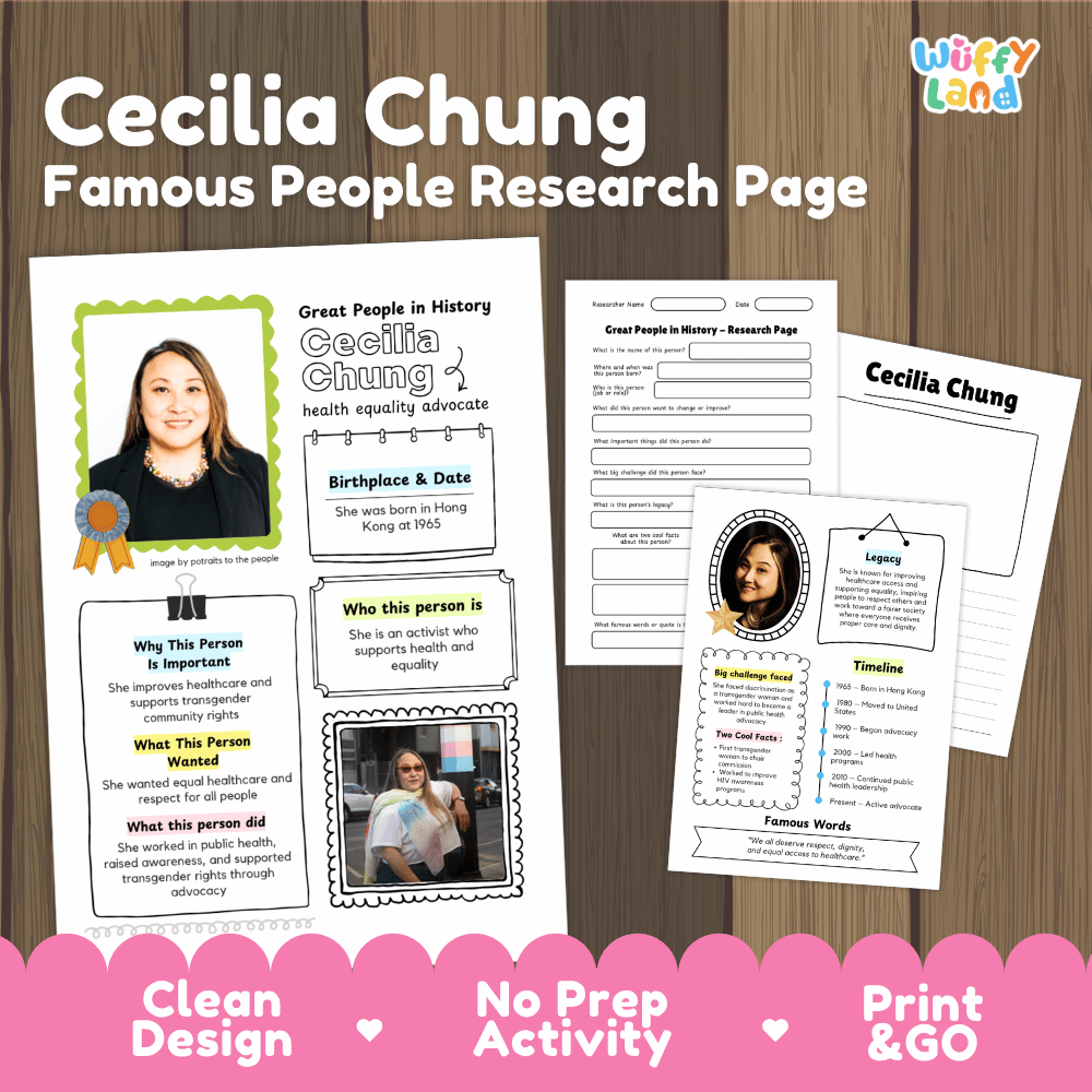Cecilia Chung biography research worksheets pack featuring graphic organizers, timeline activity, and student writing template