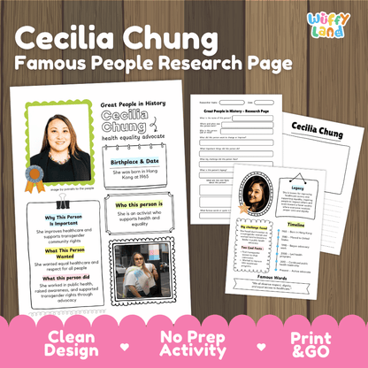 Cecilia Chung biography research worksheets pack featuring graphic organizers, timeline activity, and student writing template