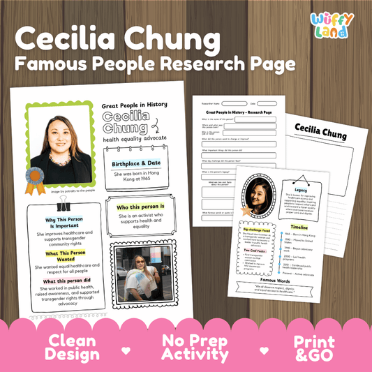 Cecilia Chung biography research worksheets pack featuring graphic organizers, timeline activity, and student writing template