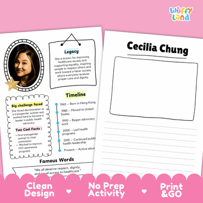 Educational biography summary worksheet featuring a chronological timeline, famous quote, and lined student writing page