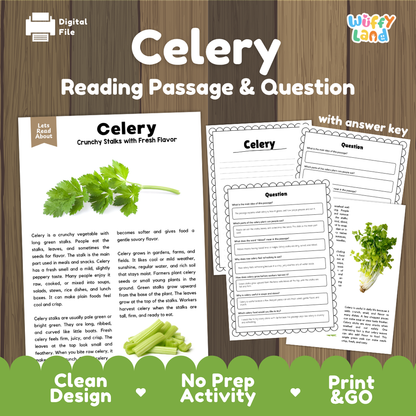 Celery reading comprehension passage and questions printable activity pack with answer key for elementary students