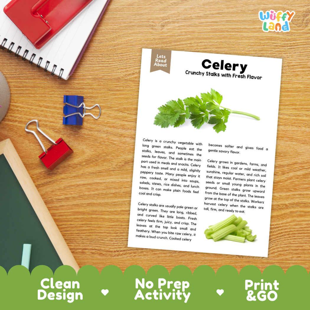 Student reading comprehension worksheet with short-answer questions and lined sections about celery stem vegetables