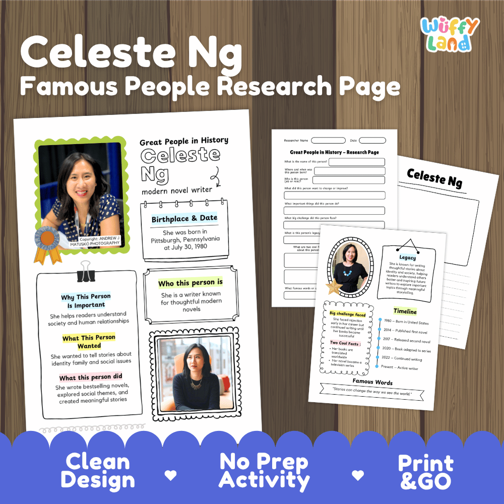 Celeste Ng biography research worksheets pack featuring graphic organizers, timeline activity, and student writing template