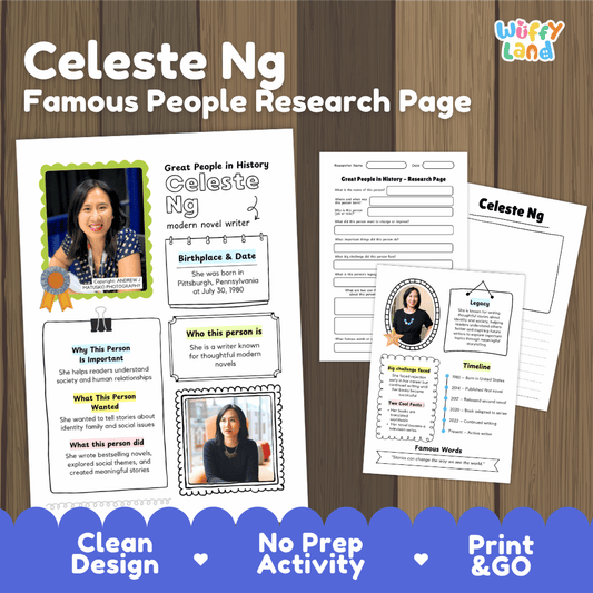 Celeste Ng biography research worksheets pack featuring graphic organizers, timeline activity, and student writing template