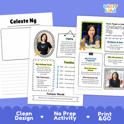 Great People in History student fact profile card detailing Celeste Ng's birthplace, writing career, and bestselling achievements