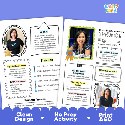 Educational biography summary worksheet featuring a chronological timeline, famous quote, and lined student writing page