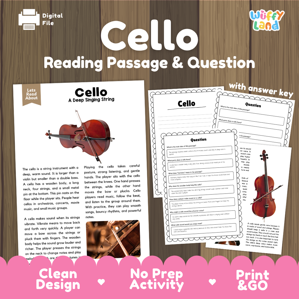 Cello reading comprehension passage and questions printable activity pack with answer key for elementary students