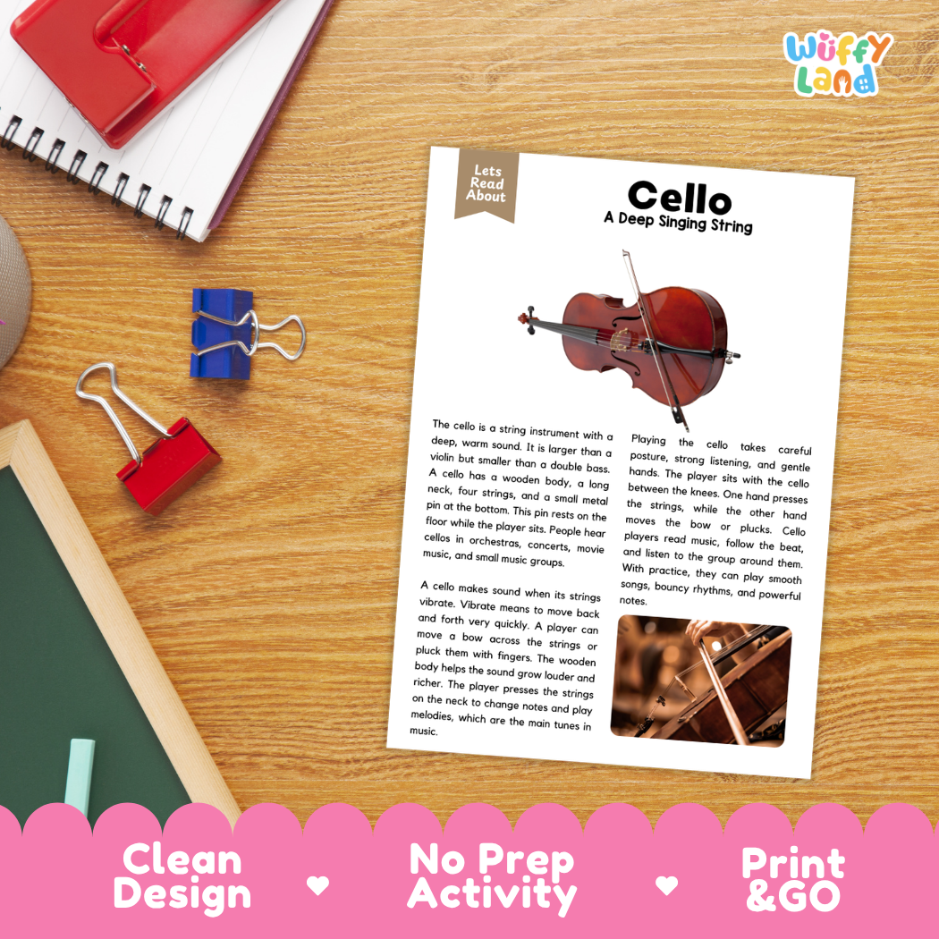 Student reading comprehension worksheet with short-answer questions and lined sections about the cello instrument