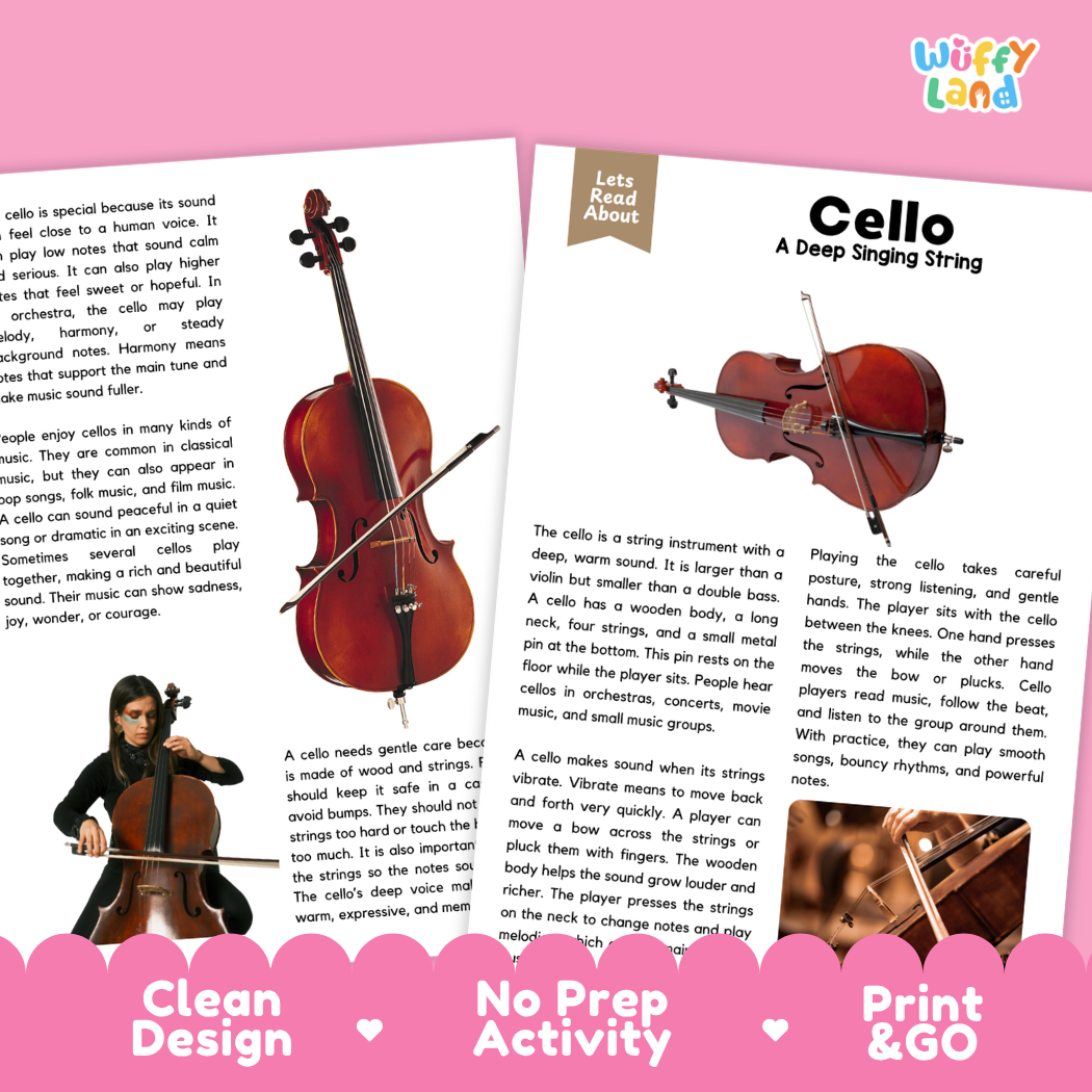 Teacher answer key page showing complete question solutions for Cello music education reading comprehension practice